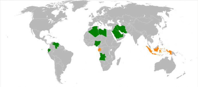 Los países en color verde son miembros activos de la OPEP. Los que están en naranja ya no forman parte de esta organización.